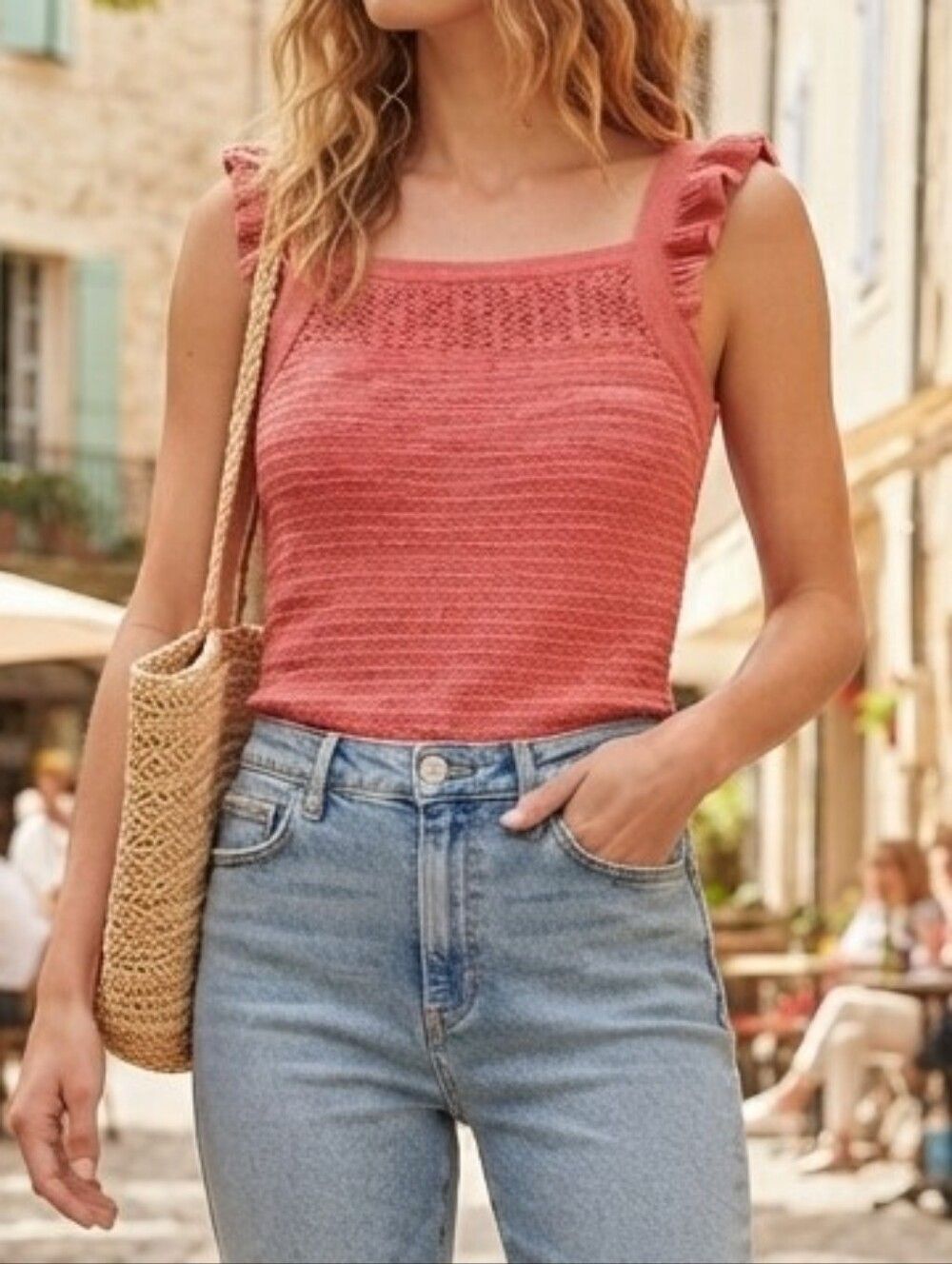 LOFT Coral Knit Ruffle Strap Tank Top Sz Large